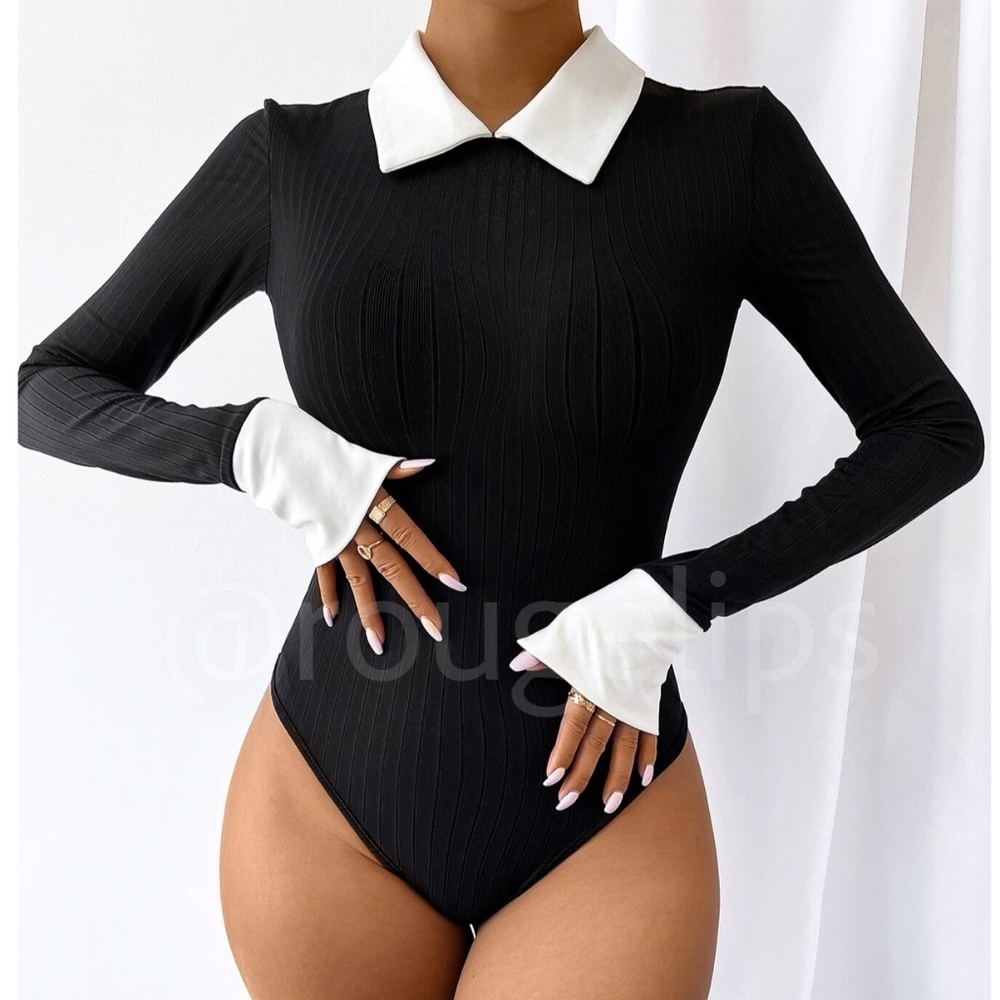 Black Bodysuit White Collar and Cuffs Ribbed Long Sleeve